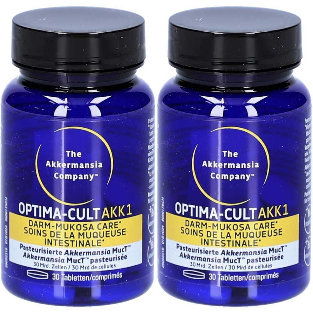 Zwei blaue Flaschen mit schwarzen Deckeln. Aufschrift: Optima-Cult AKK1, Darm-Mukosa Care, The Akkermansia Company. 30 Tabletten.