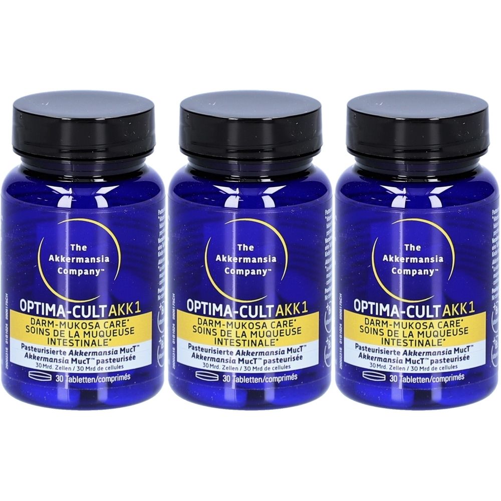 Drei blaue Flaschen mit schwarzen Deckeln. Auf jeder Flasche steht OPTIMA-CULT AKK1 und der Schriftzug DARM-MUKOSA CARE.