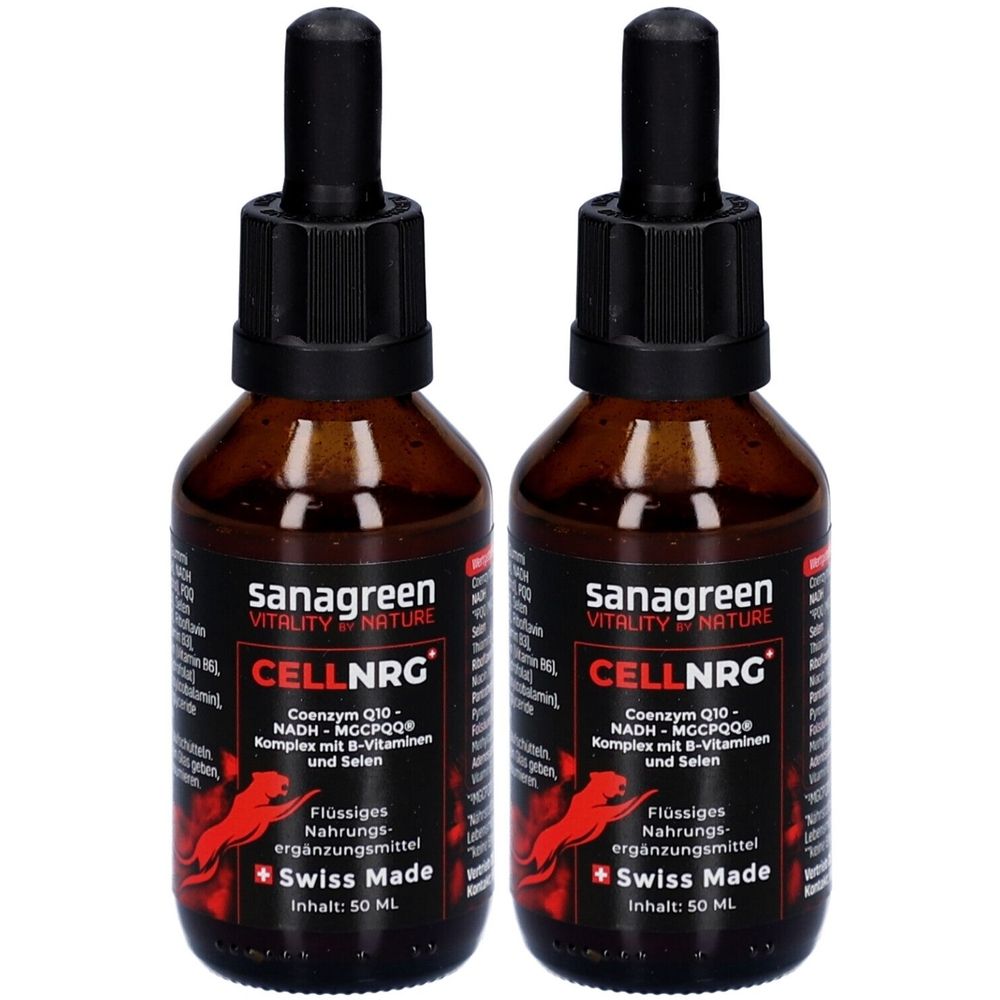 Deux flacons en verre brun avec bouchon noir et étiquette. Inscription: Sanagreen CELLNRG, Swiss Made. Complément alimentaire liquide.