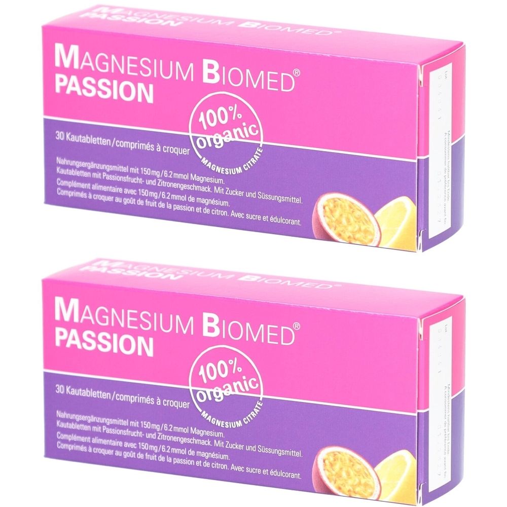 Deux boîtes de Magnesium Biomed Passion. Emballage rose avec nom du produit et label 100% organique. Illustration de fruit de la passion et citron.