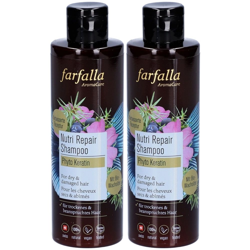 Deux flacons de shampooing marron avec bouchons noirs. Inscription : Farfalla Nutri Repair Shampoo, Phyto Keratin. Pour cheveux secs et abîmés.