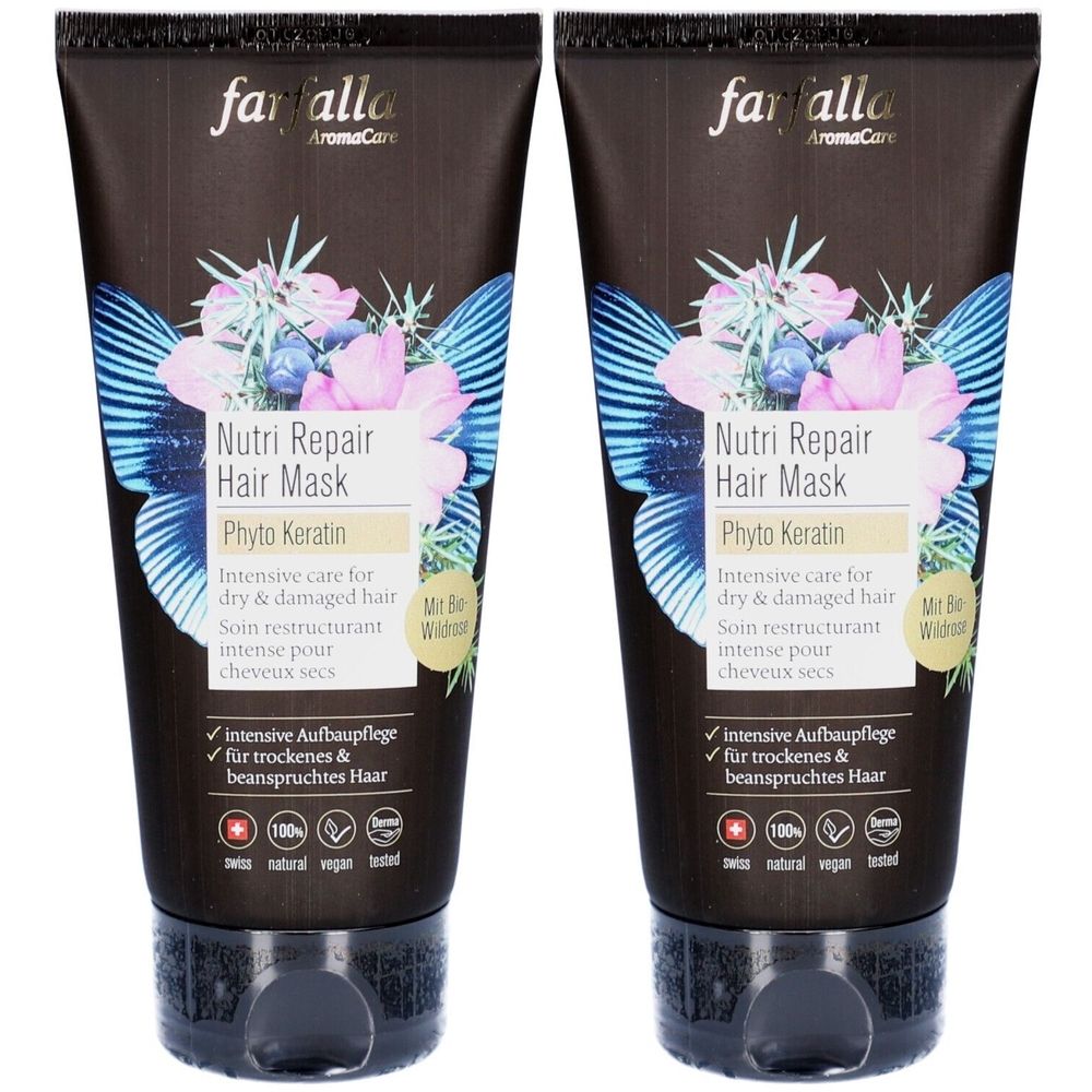 Deux tubes de masque capillaire. Emballage marron foncé avec motifs floraux et noms de produits. Inscription : Nutri Repair Hair Mask, Phyto Keratin.