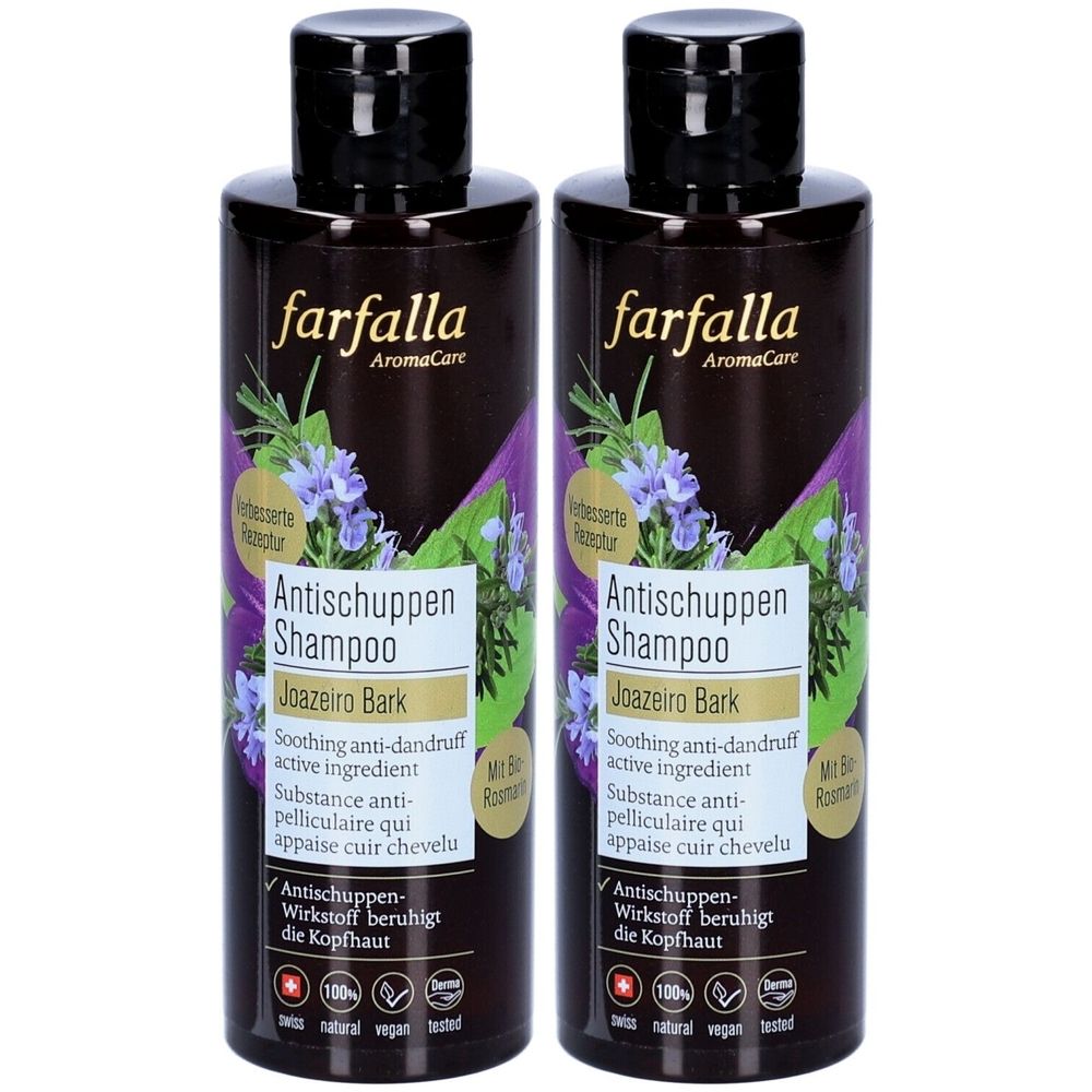 Deux flacons de shampooing antipelliculaire Farfalla. Bouchons noirs, flacons bruns avec étiquette. Inscription : Antischuppen Shampoo, Joazeiro Bark.