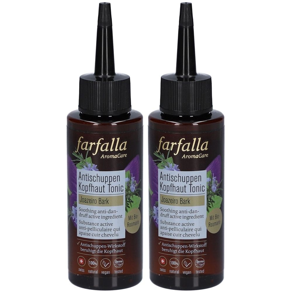 Deux flacons marron avec bouchon noir. Inscription : Farfalla AromaCare, Antischuppen Kopfhaut Tonic. Avec informations.