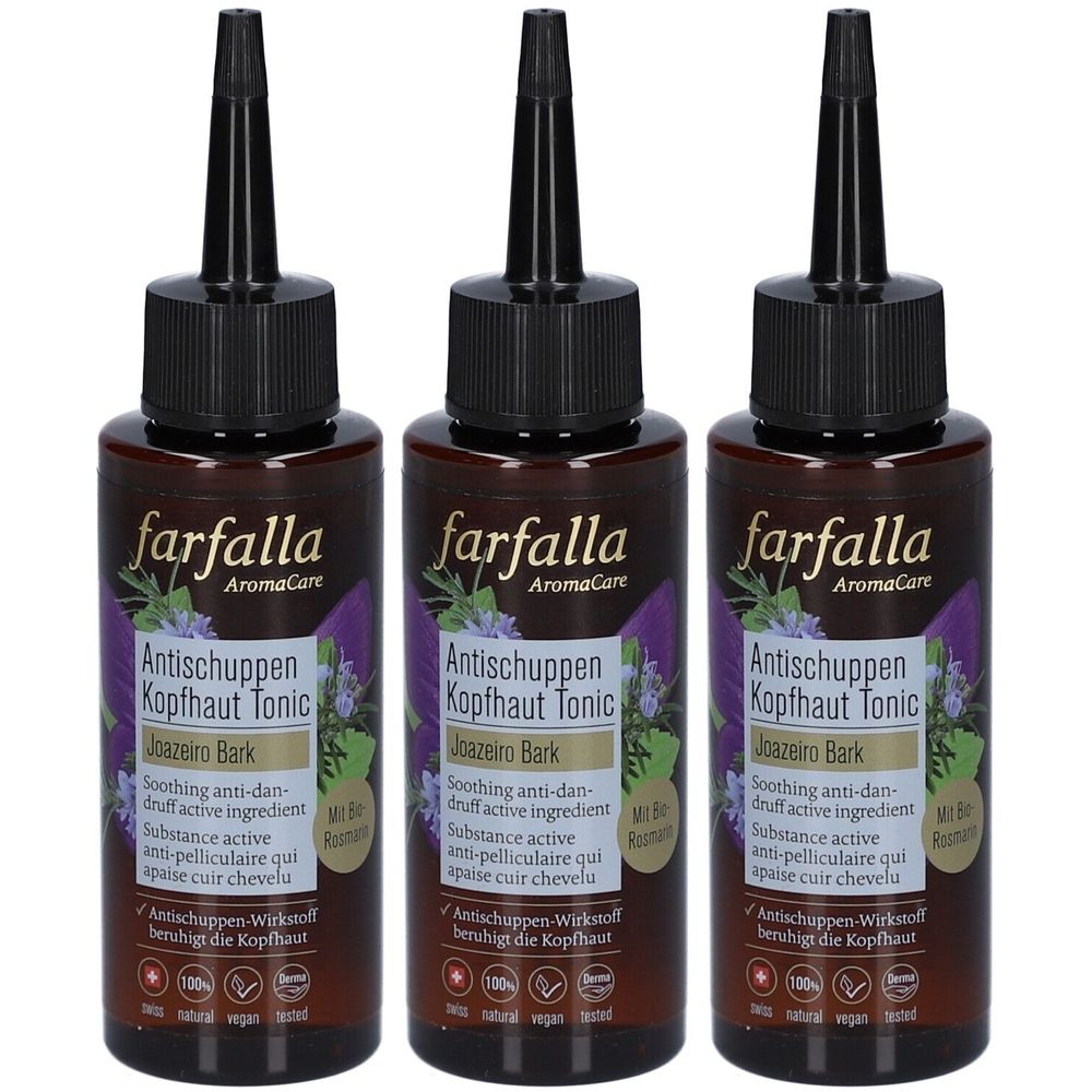 Drei Flaschen mit schwarzem Verschluss. Aufschrift: Farfalla AromaCare Antischuppen Kopfhaut Tonic. Mit Inhaltsangaben und Siegeln.