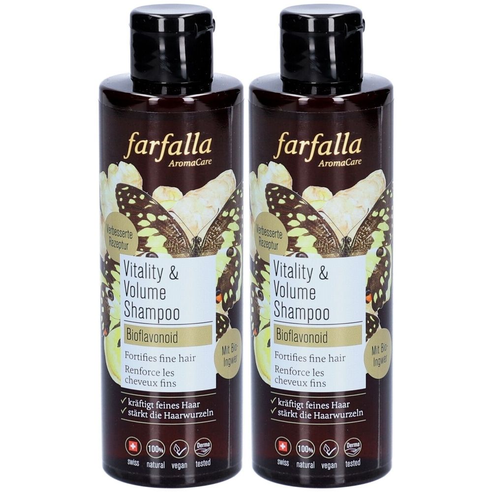 Zwei Flaschen Farfalla Vitality & Volume Shampoo. Braune Flaschen mit schwarzem Deckel. Aufschrift: Vitality & Volume Shampoo, Bioflavonoid.