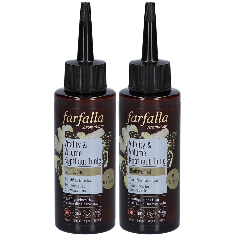 Deux flacons bruns avec bouchons noirs. Inscription: Farfalla Vitality & Volume Kopfhaut Tonic.