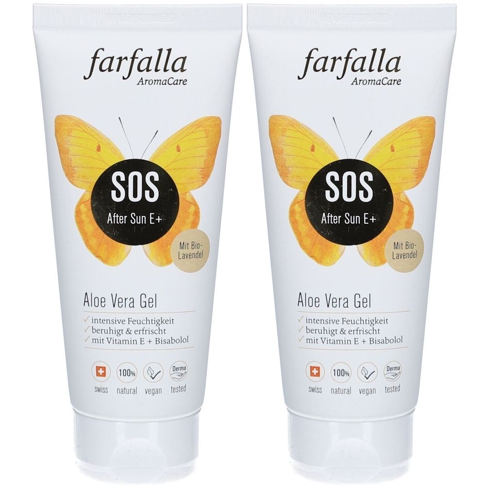 Deux tubes de gel Farfalla Aloe Vera. Chaque tube présente un papillon jaune, le mot SOS et des informations.