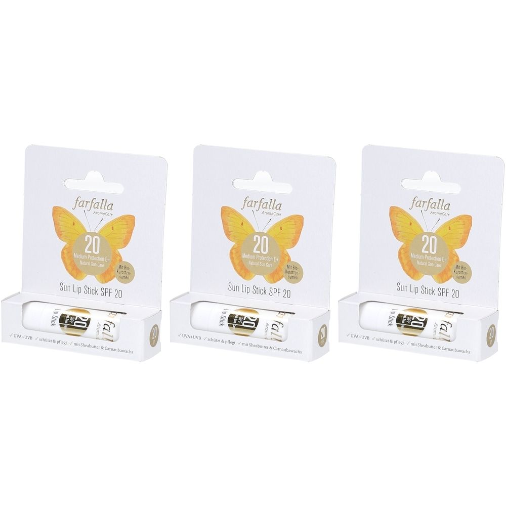 Drei Lippenpflegestifte in weißer Verpackung. Auf der Verpackung steht "farfalla" und "20 Sun Lip Stick SPF 20".