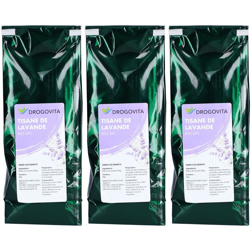 Trois sachets verts avec étiquette blanche. L'étiquette indique "DROGOVITA TISANE DE LAVANDE". Illustration de lavande et texte en français.