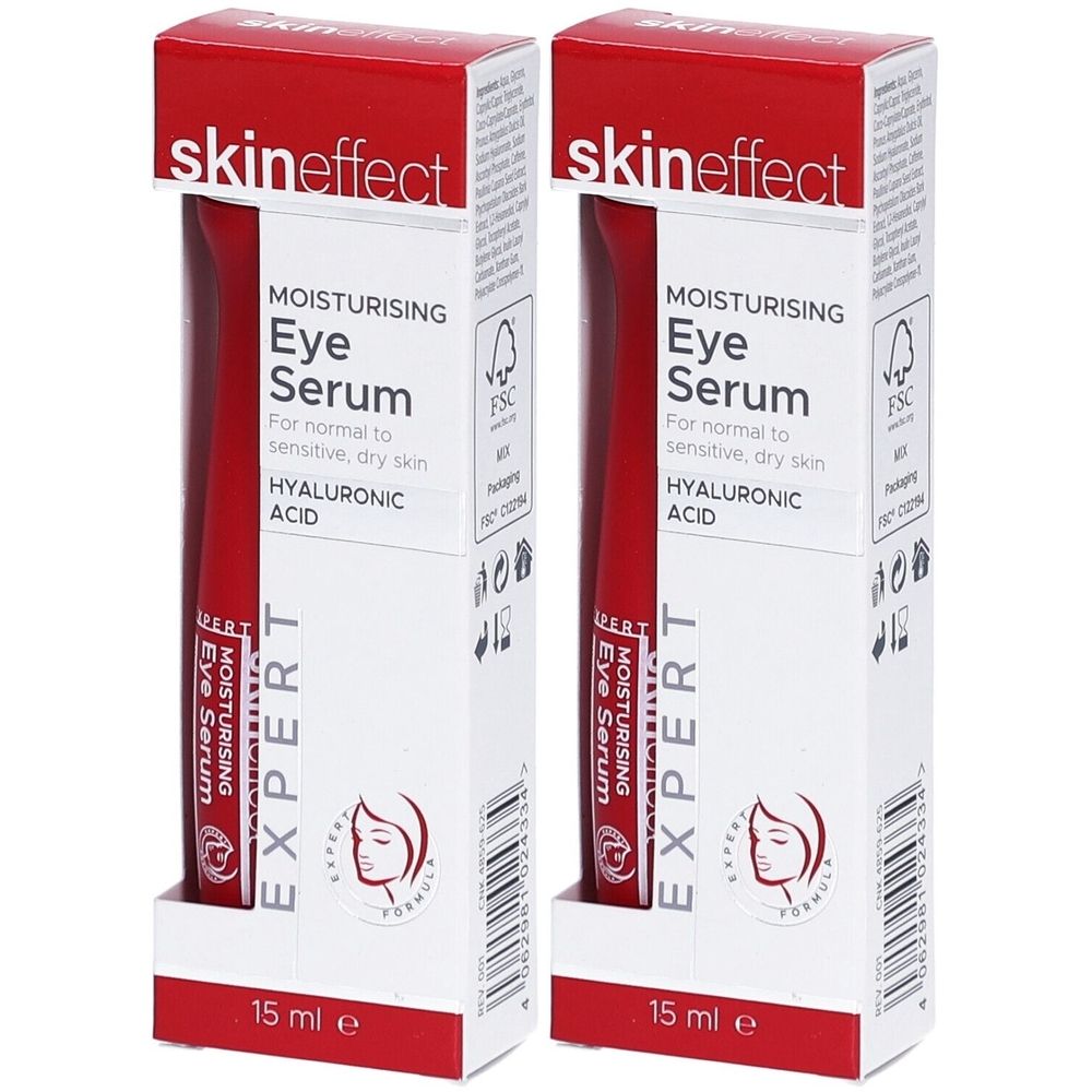 Deux boîtes de sérum pour les yeux. Emballage blanc avec texte rouge. Inscription : skineffect, Eye Serum, Acide hyaluronique. 15 ml.