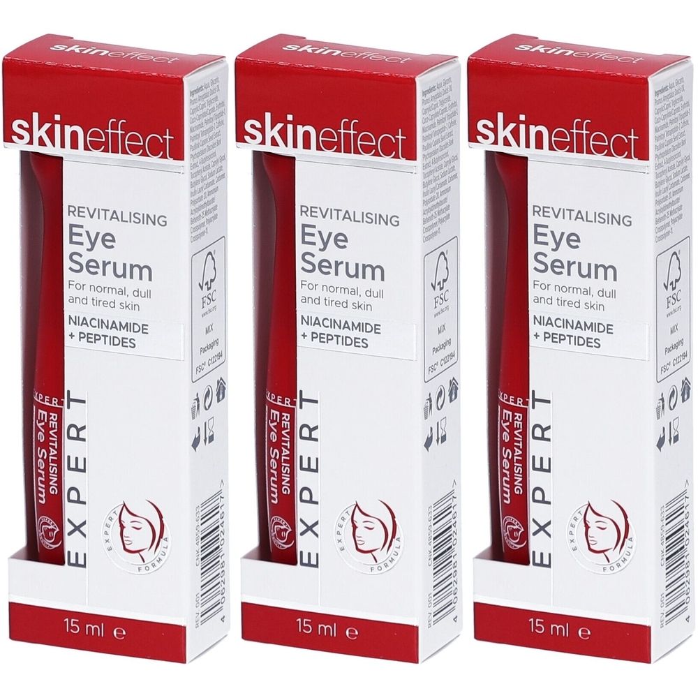 Trois boîtes de sérum pour les yeux SKINEFFECT Revitalising. Emballage blanc avec couvercle rouge. Texte : Eye Serum, Niacinamide + Peptides, 15 ml.