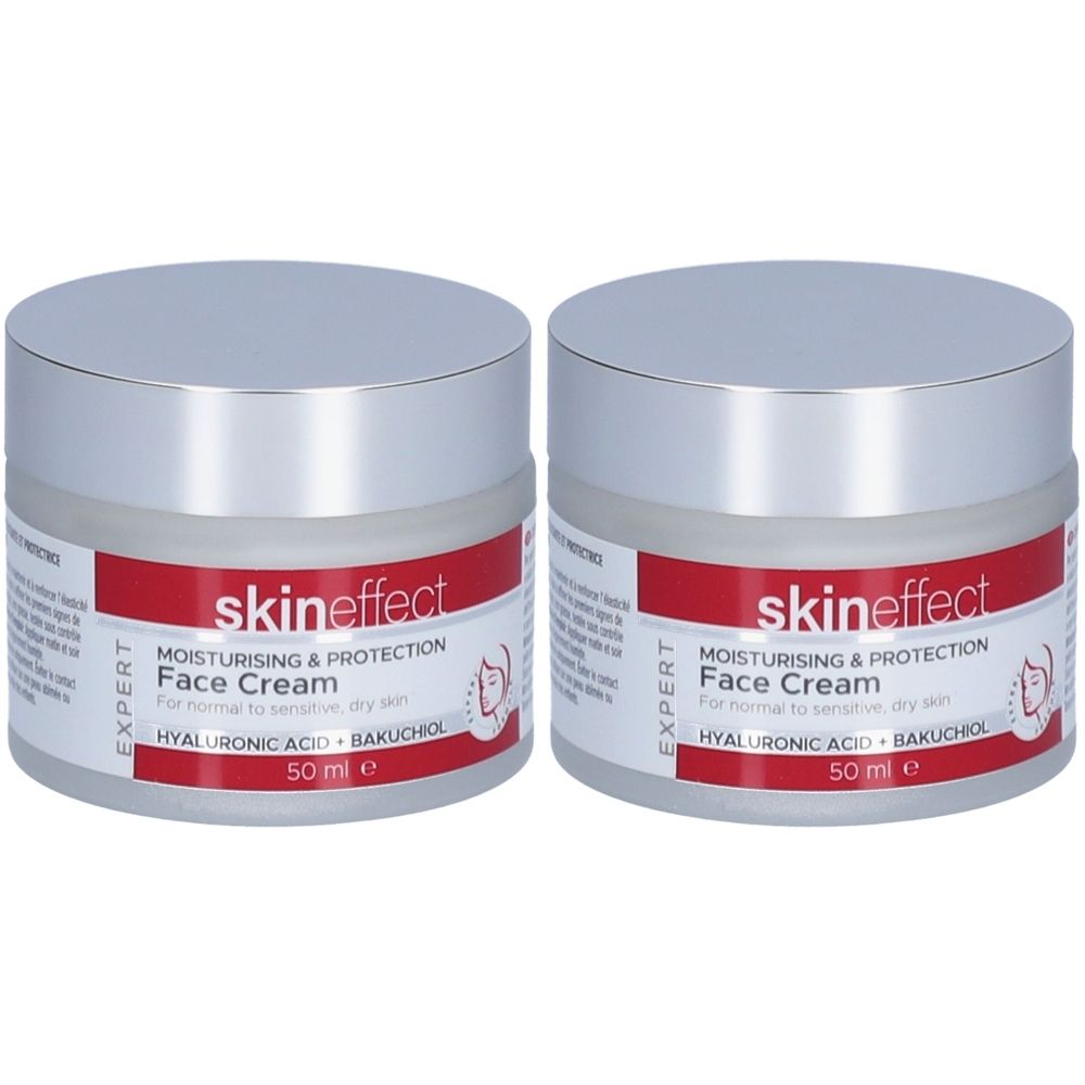 Zwei Tiegel Gesichtscreme mit silbernem Deckel. Auf rotem Etikett steht "skineffect", "MOISTURISING & PROTECTION Face Cream".
