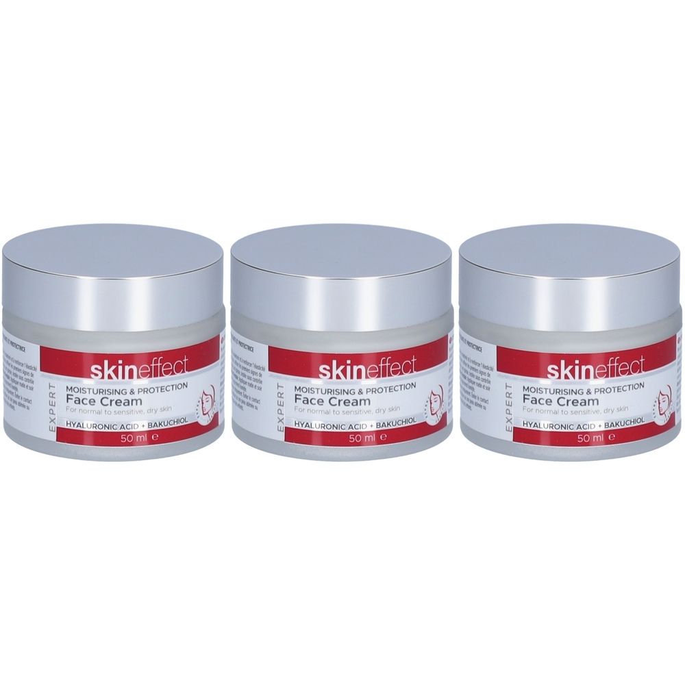 Drei Tiegel SKINEFFECT Gesichtscreme. Weiße Tiegel mit silbernen Deckeln und roter Beschriftung. Text: Face Cream, 50 ml.