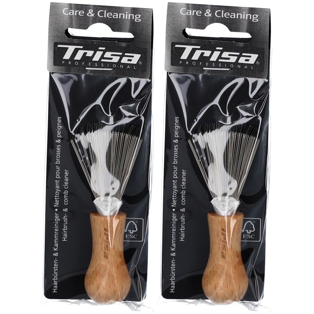 Deux nettoyeurs pour brosses et peignes emballés. Manche en bois, dents en métal. Marque Trisa Professional. Texte: Care & Cleaning, logo FSC.