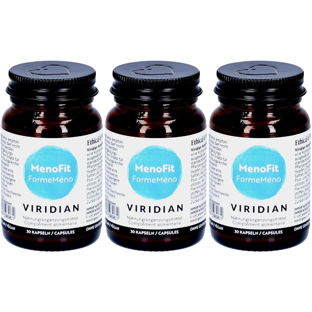 Drei braune Glasflaschen mit schwarzen Deckeln. Auf den Etiketten steht "MenoFit FormeMéno VIRIDIAN". Jede Flasche enthält 30 Kapseln.