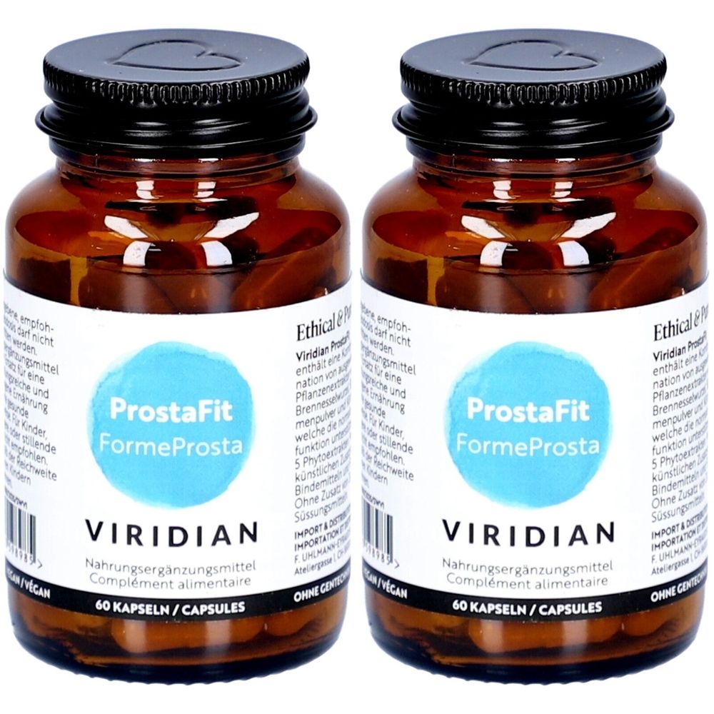Zwei braune Glasflaschen mit schwarzen Deckeln. Etiketten mit "ProstaFit", "VIRIDIAN" und "60 Kapseln".