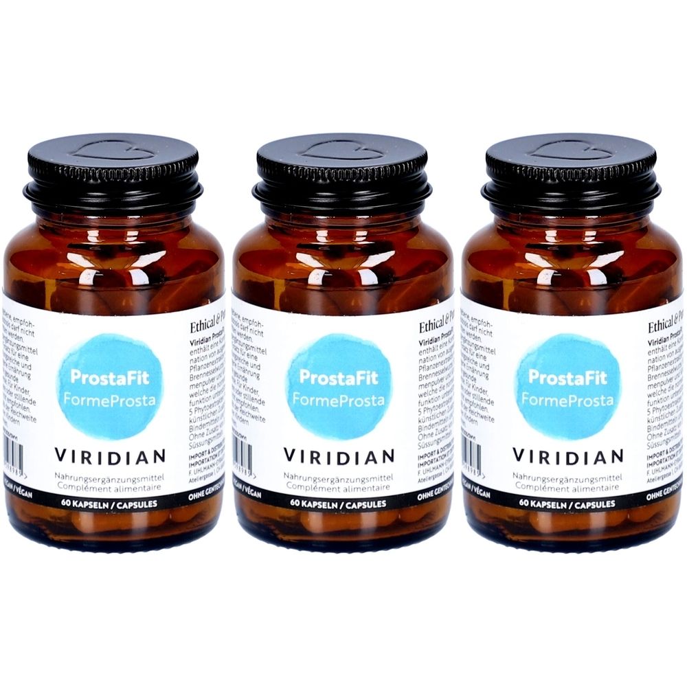 Drei braune Glasflaschen mit schwarzen Deckeln. Auf den Etiketten steht "ProstaFit FormeProsta" und "VIRIDIAN". Jede Flasche enthält 60 Kapseln.