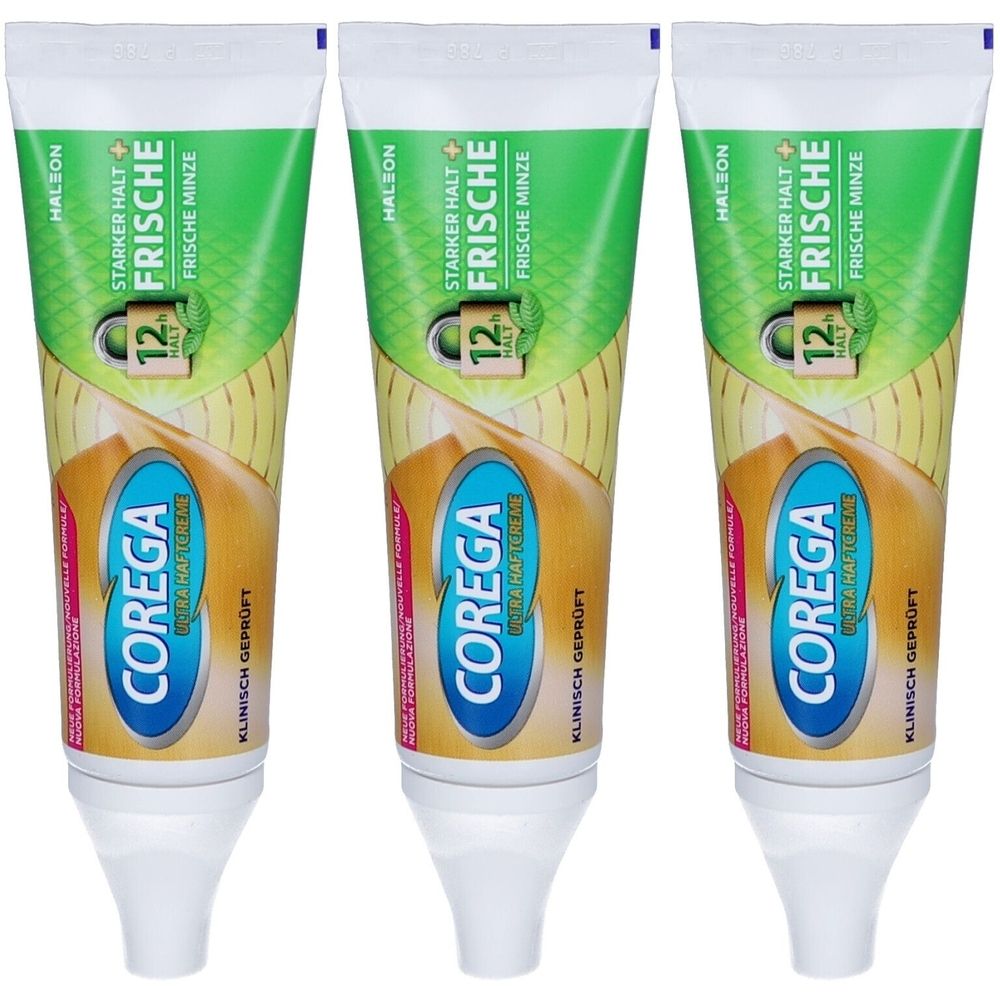 Drei Tuben Corega Haftcreme Frische Minze. Jede Tube hat einen grünen und gelben Hintergrund mit blauer Schrift. Auf jeder Tube steht "12h Halt".