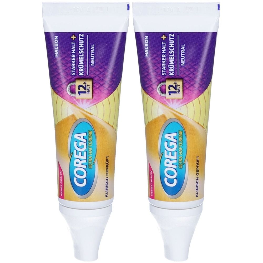 Zwei Tuben Corega Haftcreme. Aufschrift: Starker Halt + Krümelschutz, 12h Halt, Neutral. Marke Corega und Haleon.