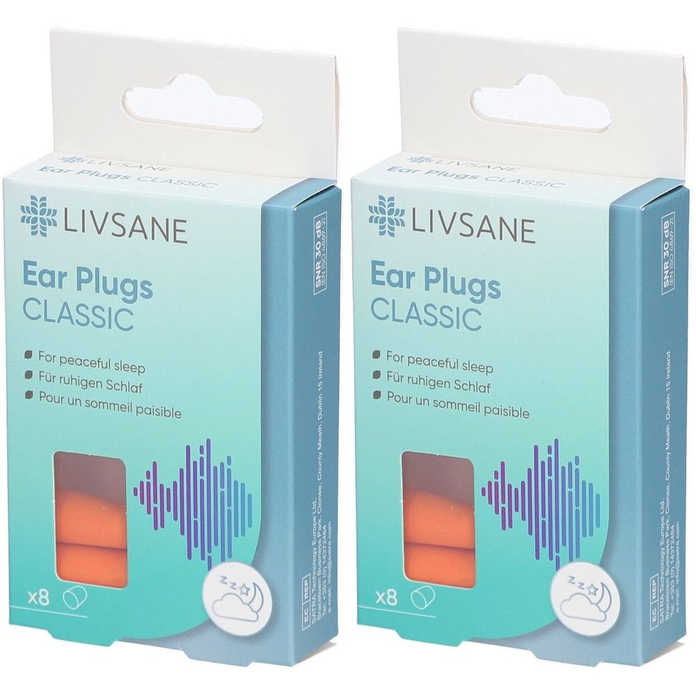 Zwei Packungen LIVSANE Ohrstöpsel Classic. Blaue und weiße Verpackung mit Produktnamen und Text. Enthält 8 Stück. Orangefarbene Ohrstöpsel sichtbar.