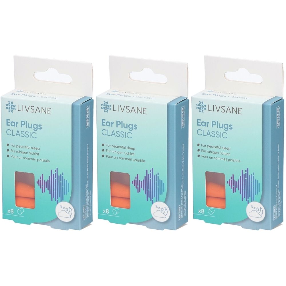 Drei Schachteln mit Ohrstöpseln. Aufschrift: LIVSANE, Ear Plugs CLASSIC. Jede Schachtel enthält 8 Stück. Orangefarbene Ohrstöpsel sichtbar.