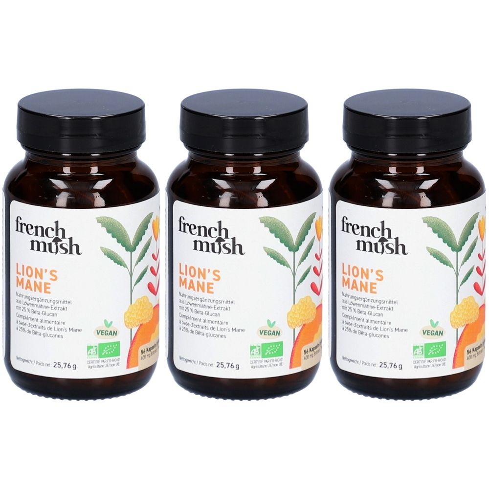 Trois flacons en verre brun avec des couvercles noirs. Les étiquettes indiquent "french mush LION'S MANE" et d'autres informations. Sceau végétalien.
