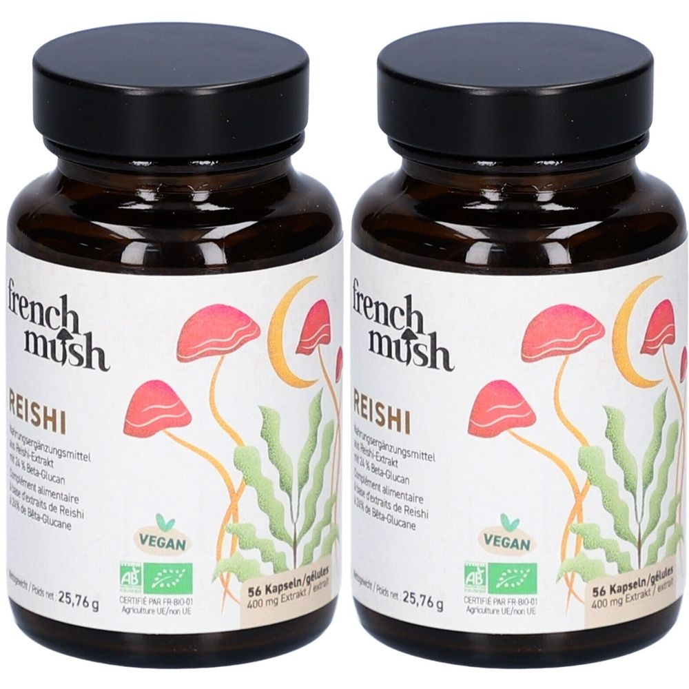 Deux flacons en verre brun avec des couvercles noirs. Les étiquettes indiquent "french mush REISHI" et des illustrations de champignons. Label végan.