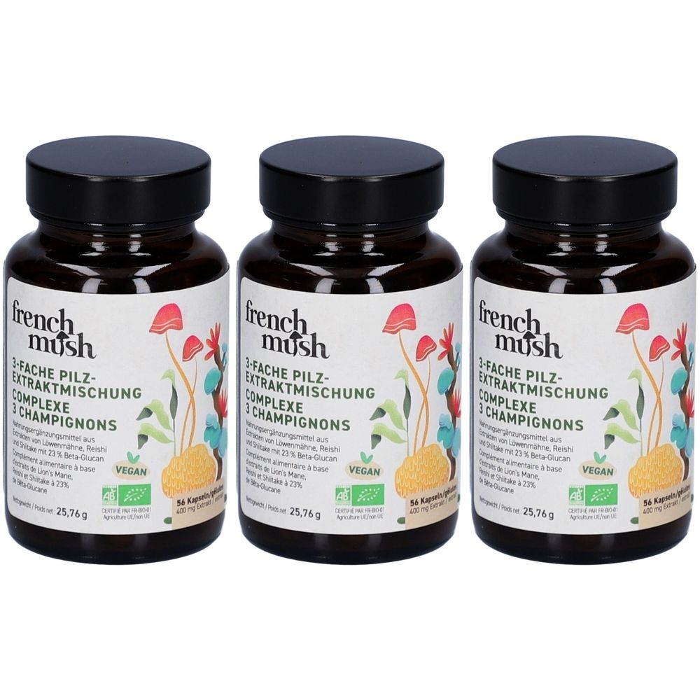 Trois flacons en verre brun avec des couvercles noirs. Les étiquettes indiquent "french mush" et "3-Fache Pilz-Extrakmischung". Label végan.