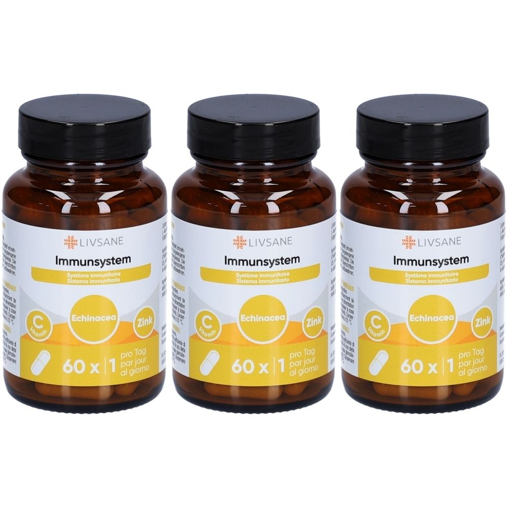 Drei braune Glasflaschen mit schwarzen Deckeln. Auf den Etiketten steht "LIVSANE Immunsystem", mit Echinacea, Zink und Vitamin C. Jede Flasche enthält 60 Kapseln.
