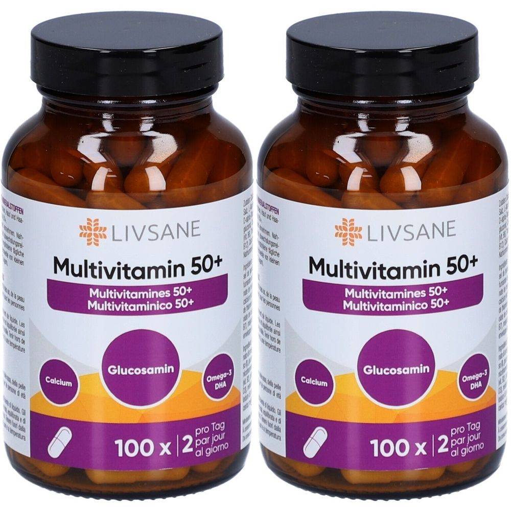 Deux flacons de LIVSANE Multivitamine 50+. Flacons bruns avec couvercles noirs. Inscription: Multivitamine 50+, Calcium, Glucosamine, Oméga-3 DHA.