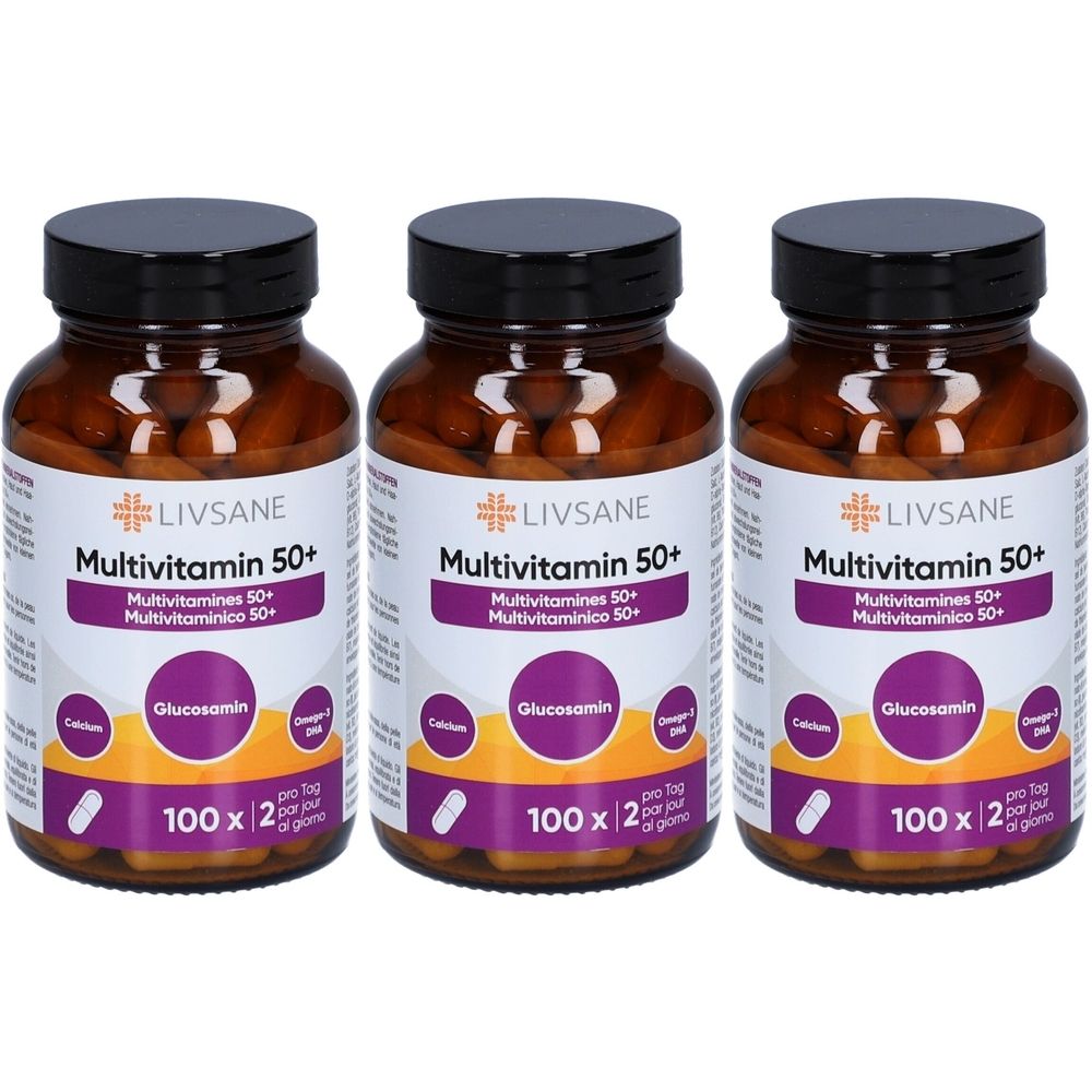 Trois flacons de LIVSANE Multivitamin 50+. Flacons en verre brun avec couvercles noirs. Inscription : Multivitamin 50+, Glucosamine, 100 x 2.