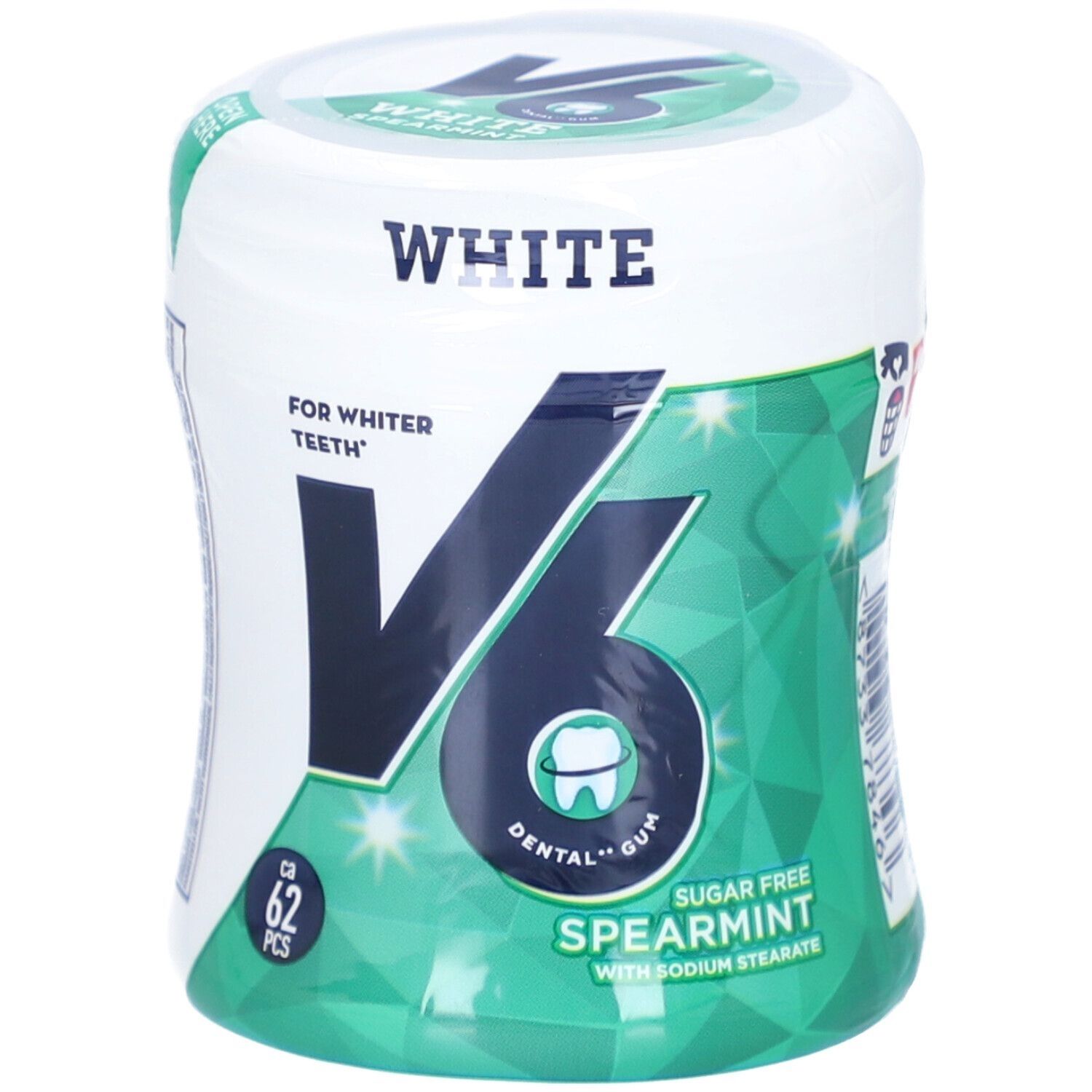 Boîte blanche et verte de chewing-gum V6 White Spearmint. Contient 62 pièces. Inscriptions : "FOR WHITER TEETH", "DENTAL GUM", "SUGAR FREE".