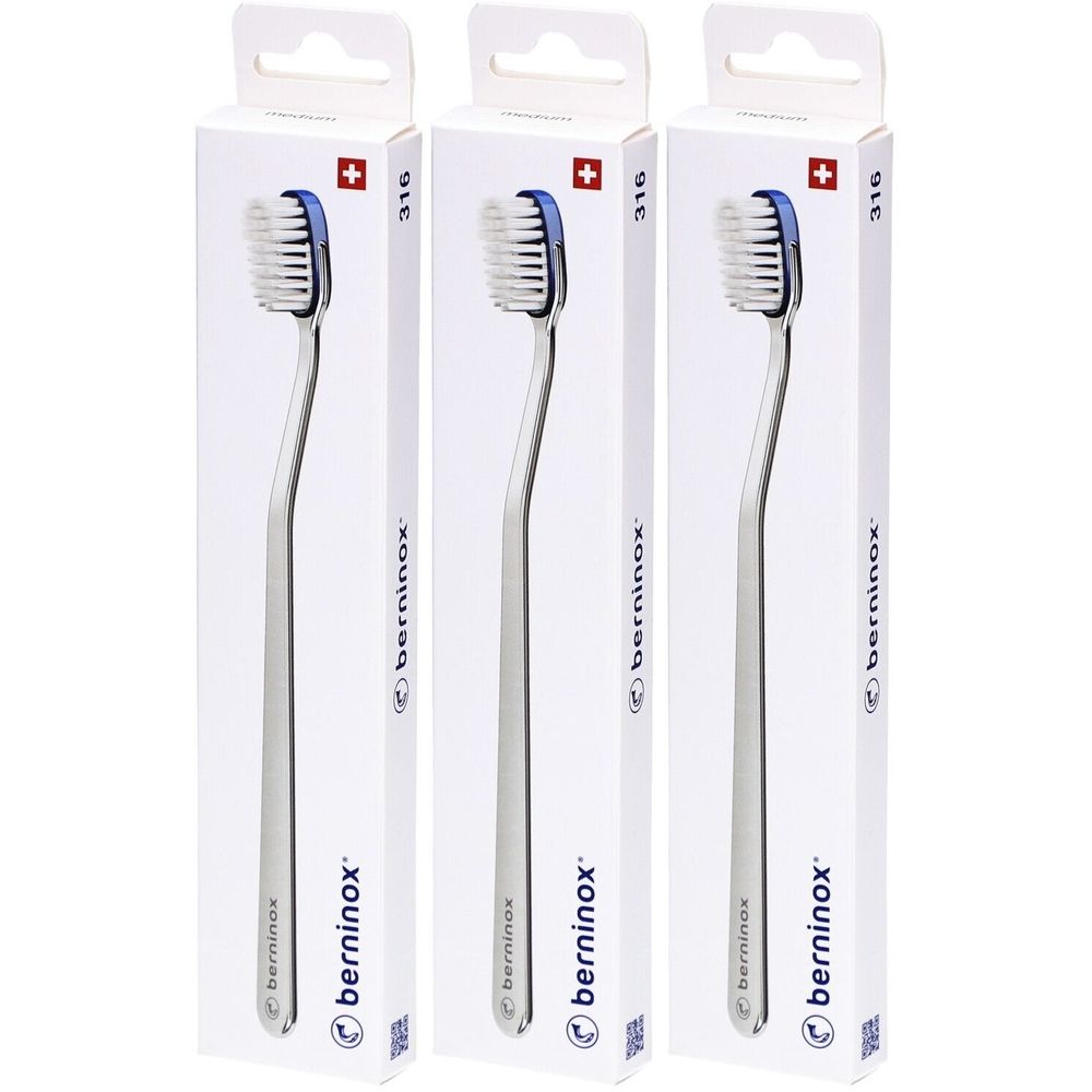 Trois brosses à dents dans leur emballage. Manche en métal, tête bleue, soies blanches. Emballage avec croix suisse et inscription 316.