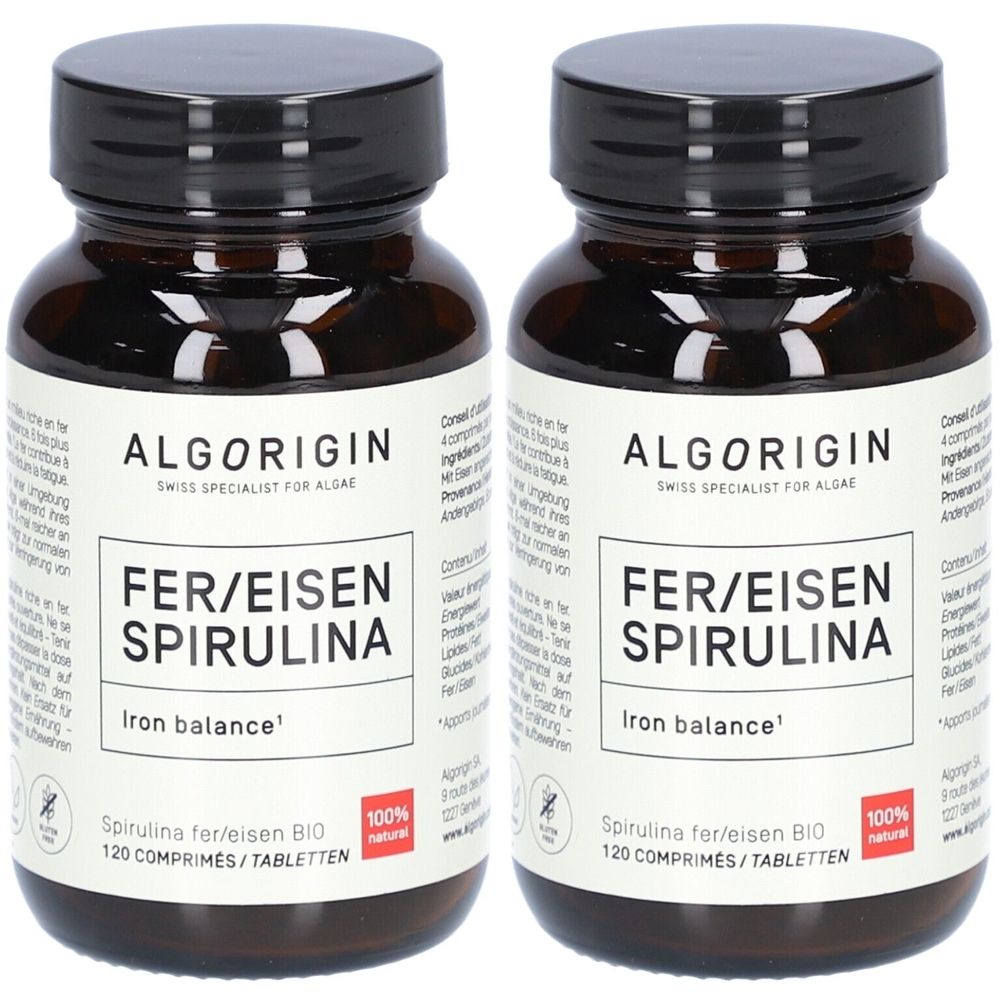 Deux flacons en verre brun avec des couvercles noirs. Les étiquettes indiquent "ALGORIGIN FER/EISEN SPIRULINA". Texte : "Iron balance" et "100% naturel".