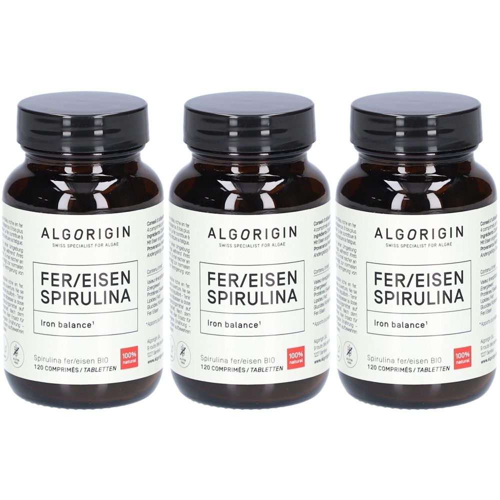 Trois flacons en verre brun avec des couvercles noirs. Les étiquettes indiquent "ALGORIGIN FER/EISEN SPIRULINA". L'étiquette affiche également "Iron balance" et un sceau rouge.