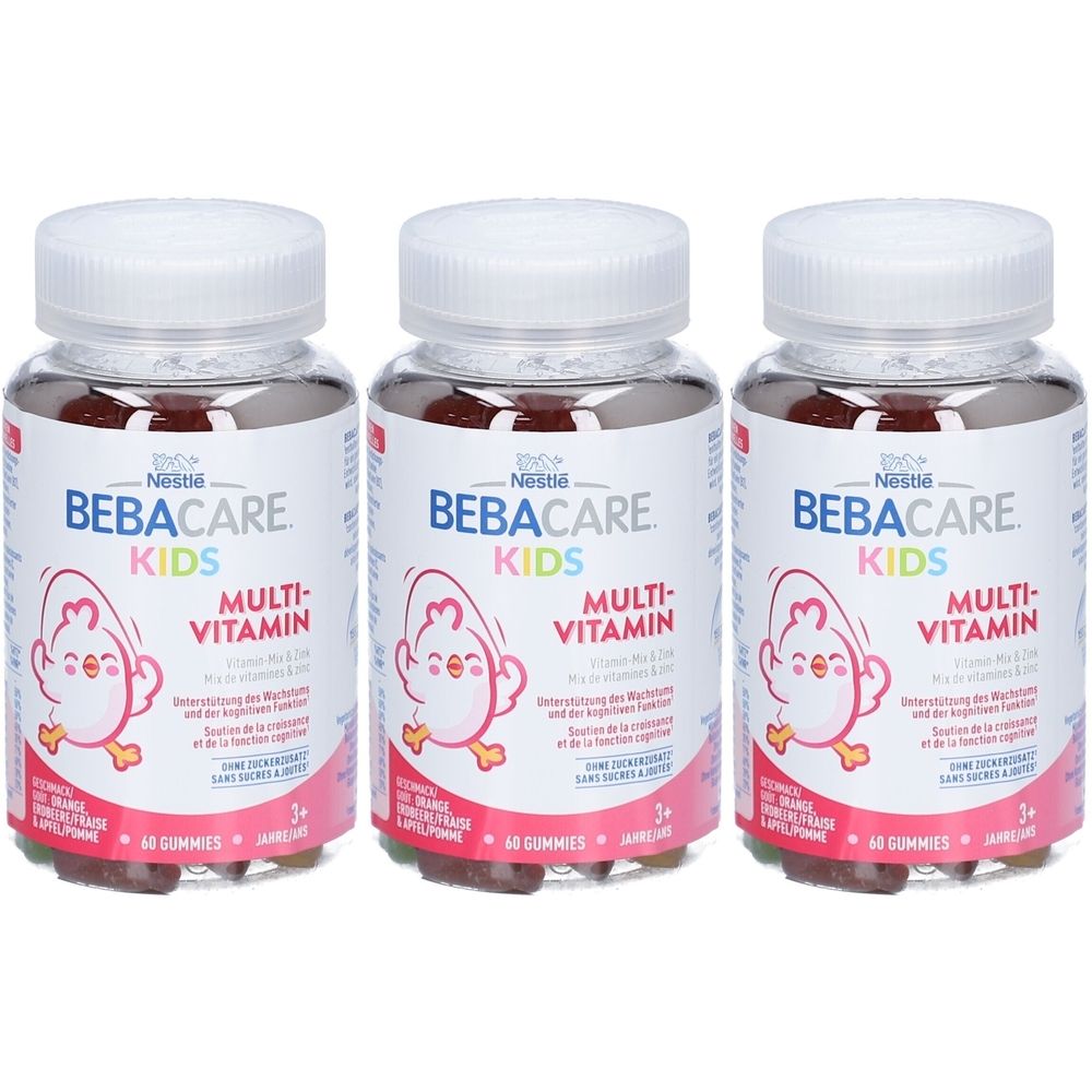 Drei Flaschen NESTLÉ Bebacare Kids Multi-Vitamin Gummis. Weiße Deckel, transparente Behälter mit roten Gummis. Aufschrift: Bebacare Kids Multi-Vitamin.