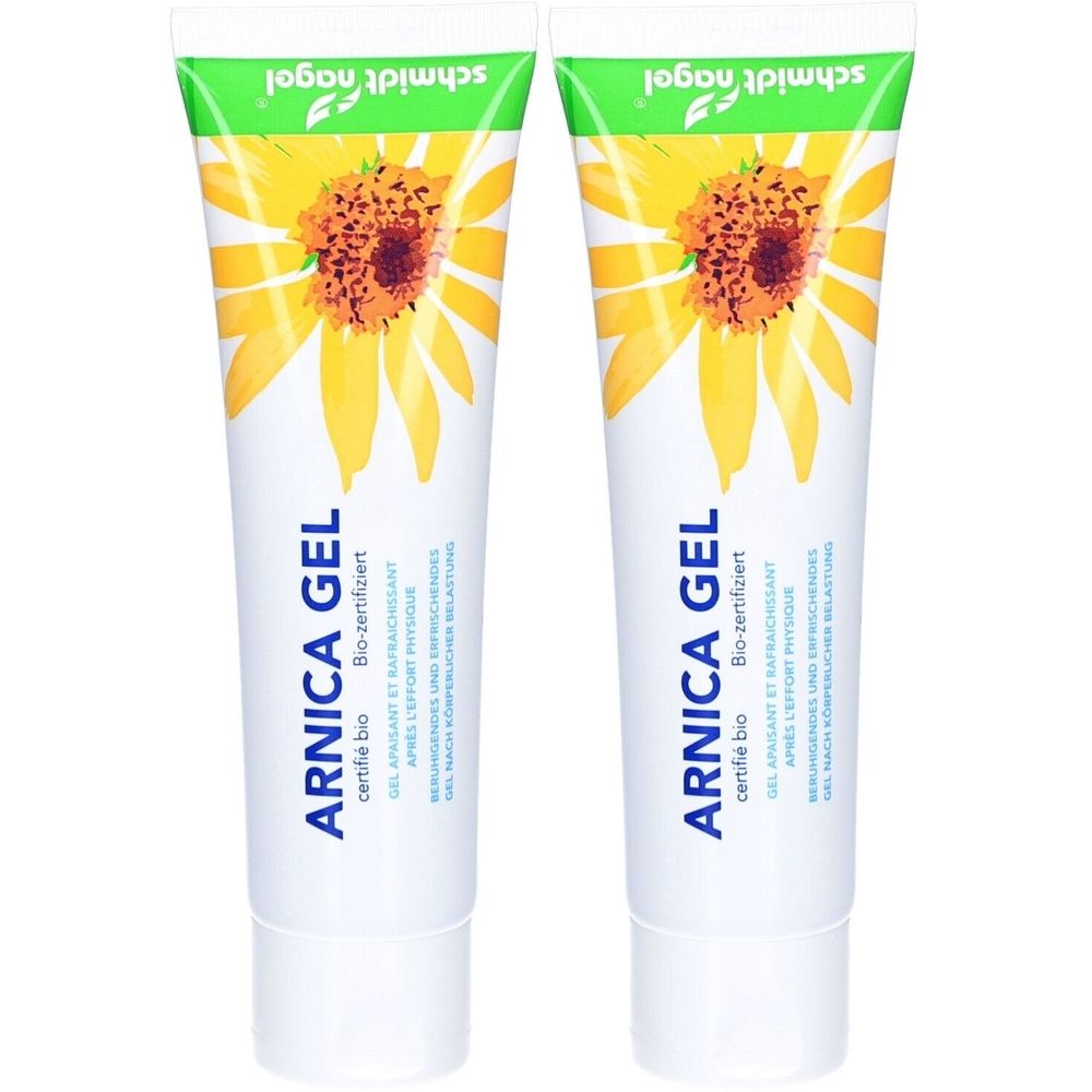 Zwei Tuben Gel mit gelbem Blütenmotiv. Aufschrift: ARNICA GEL, Bio-zertifiziert. Marke: schmidt nagel.