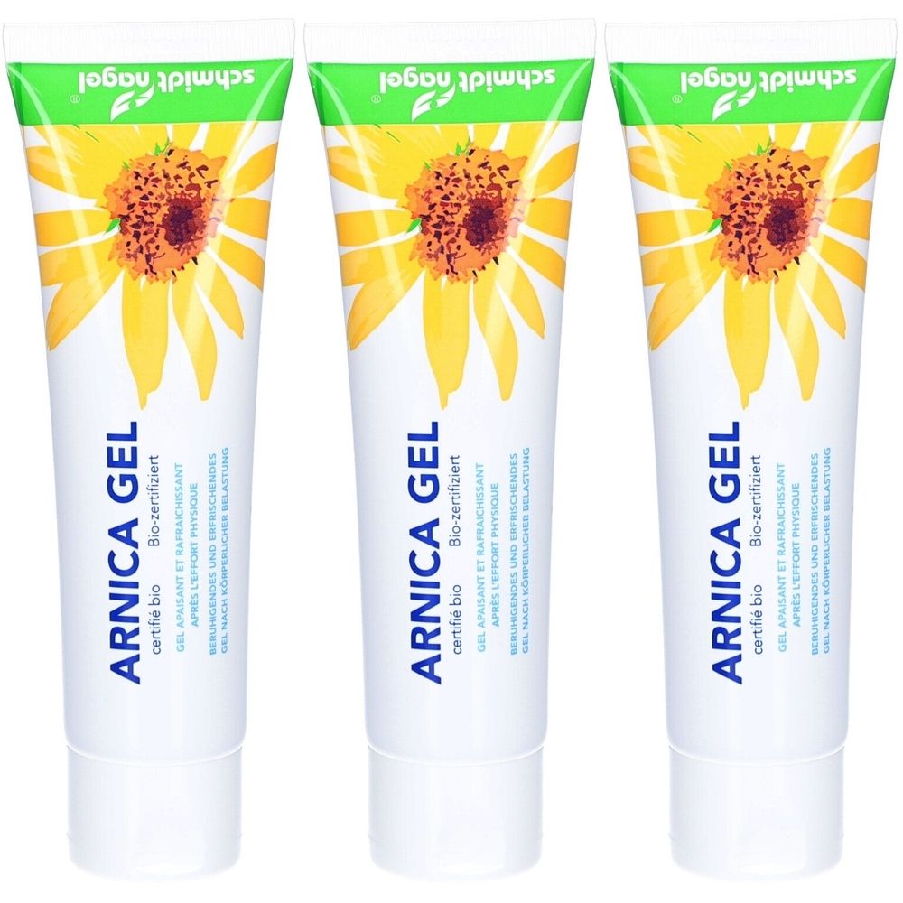 Drei Tuben Gel. Auf jeder Tube: ARNICA GEL, Bio-zertifiziert, mit Sonnenblumen-Illustration. Marke: schmidt nagel.