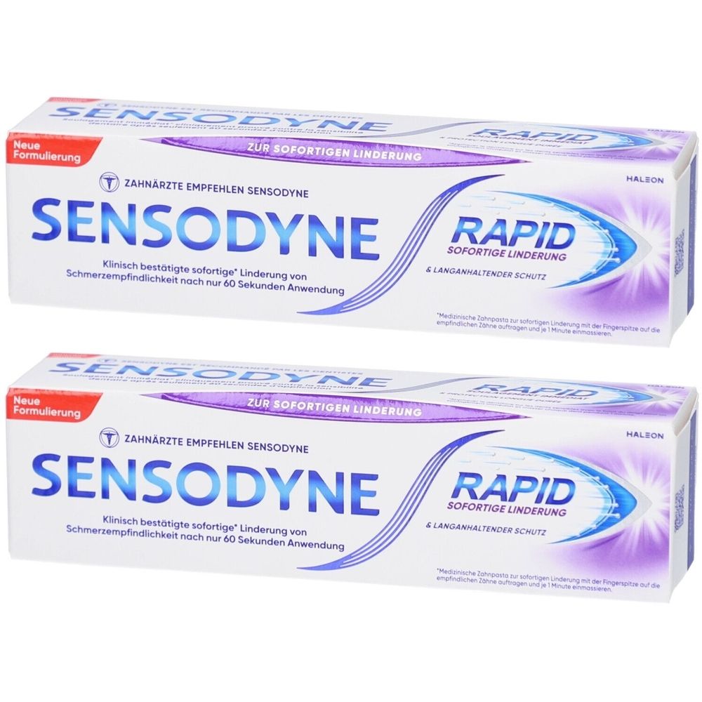 Zwei Schachteln Sensodyne Rapid Zahnpasta. Weiß, blau und lila Design. Text: Sofortige Linderung, Zahnärzte empfehlen Sensodyne.
