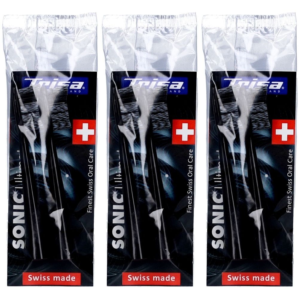 Drei verpackte Zahnbürstenköpfe. Schwarze Verpackung mit weißem Kreuz und Schriftzug 'SONIC'. 'Swiss made'.