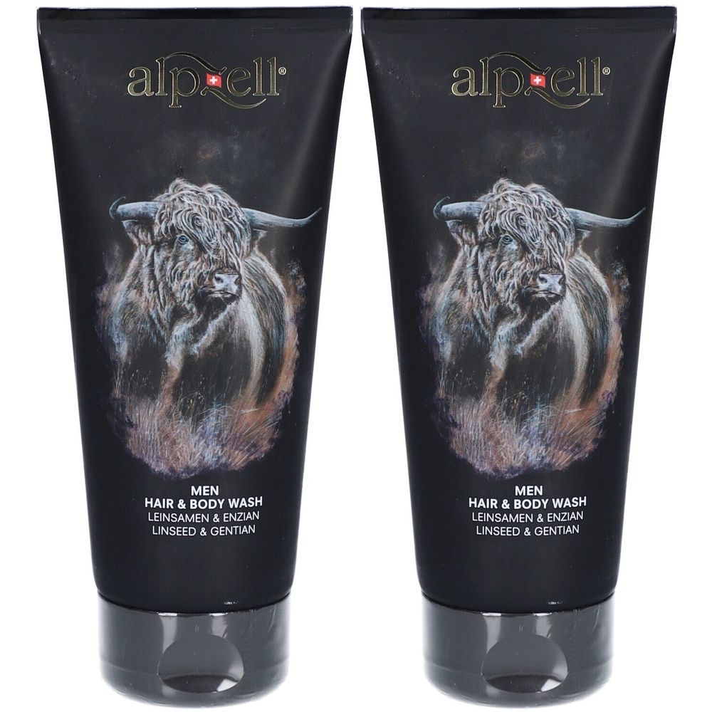 Deux tubes noirs avec logo Alpzell et illustration de taureau. Inscription : Men Hair & Body Wash, Linseed & Gentian.