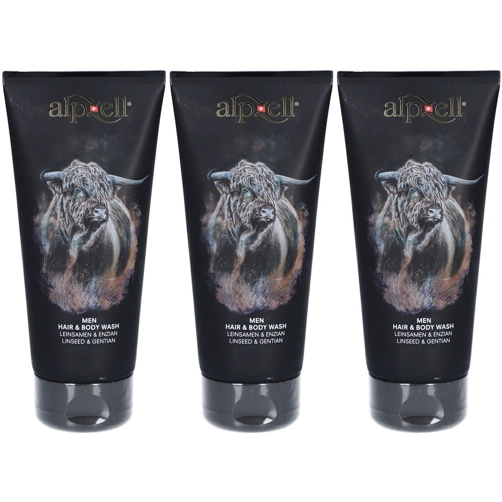 Trois tubes noirs avec logo Alpzell et illustration de taureau. Inscription: Men Hair & Body Wash, Linseed & Gentian.
