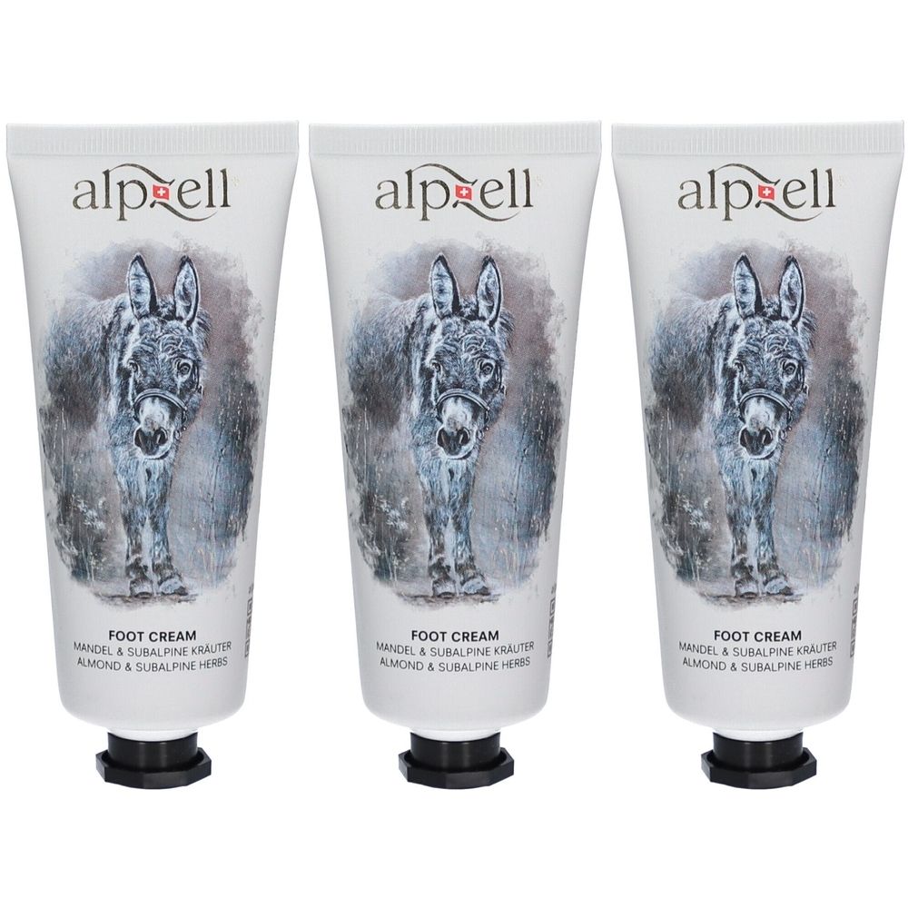 Trois tubes de crème pour les pieds. Chaque tube présente un âne. Le mot "alpzell" est visible, ainsi que "FOOT CREAM" en dessous.
