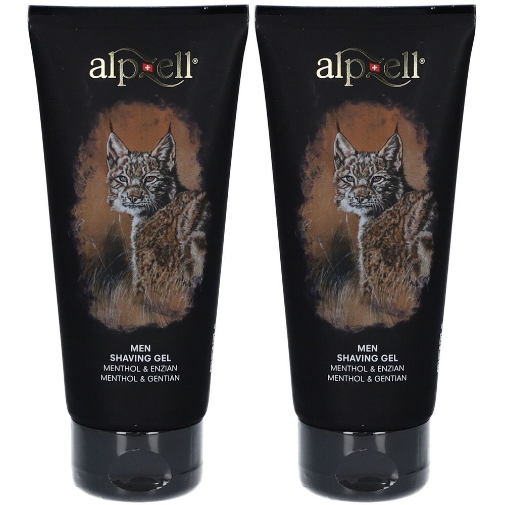 Deux tubes noirs avec le logo "alp*ell" et un motif de lynx. Inscription : "MEN SHAVING GEL".