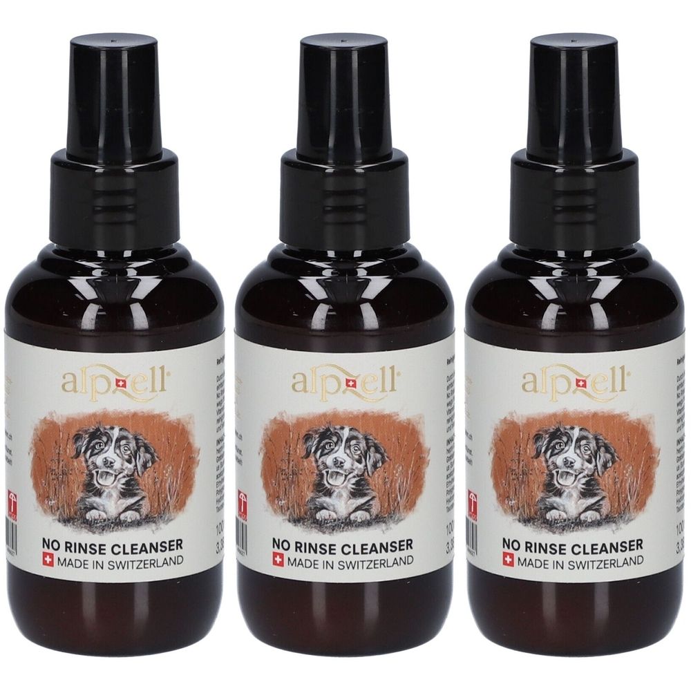 Trois flacons bruns avec vaporisateur noir. Étiquettes avec "alpzell" et "NO RINSE CLEANSER". Croix suisse.