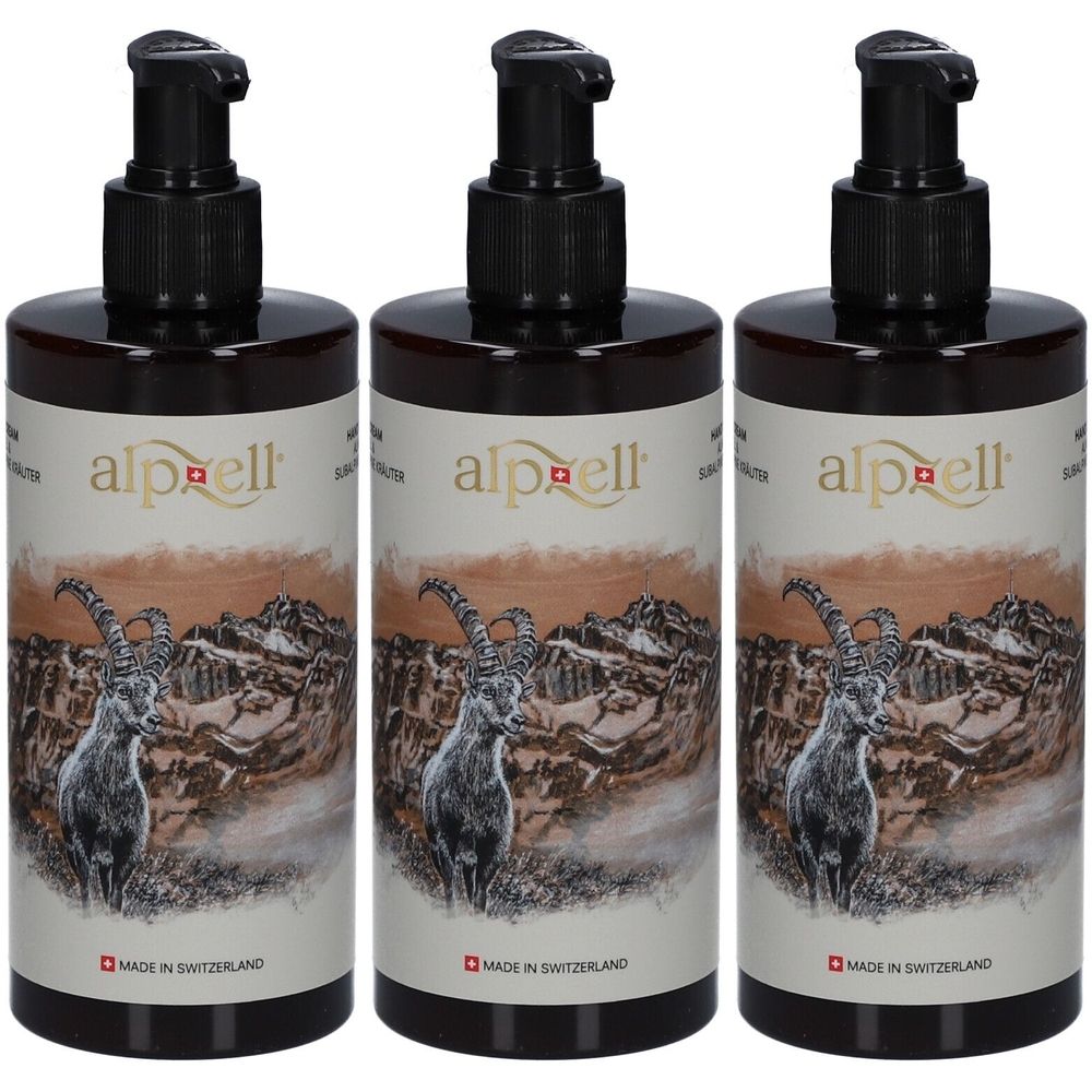 Trois flacons bruns avec pompes noires. Étiquettes avec "alpzell" et un bouquetin. Mention "Made in Switzerland".