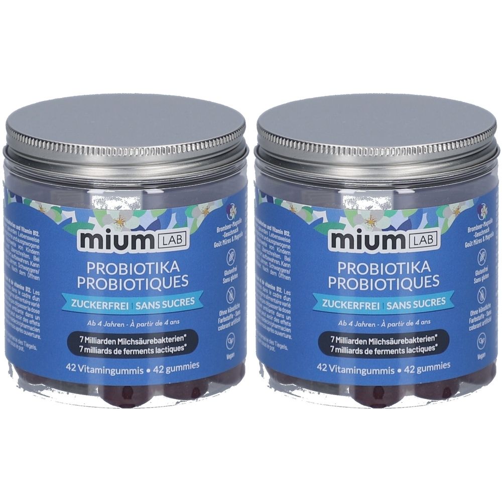 Zwei Gläser mit Deckel. Aufschrift: mium LAB PROBIOTIKA, zuckerfrei. Enthält 7 Milliarden Milchsäurebakterien und 42 Gummies.