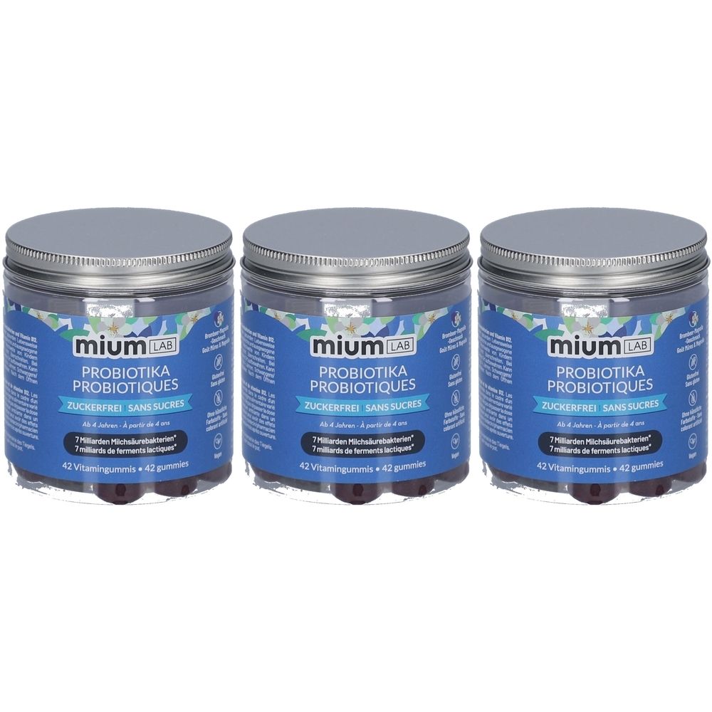 Drei Dosen mit silbernen Deckeln. Blaue Etiketten mit weißer Schrift: PROBIOTIKA, zuckerfrei. Enthält 42 Vitamin-Gummis.