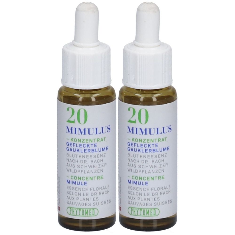 Zwei braune Glasflaschen mit weißen Verschlüssen. Auf den Etiketten steht "20 MIMULUS" und der Markenname "PHYTOMED".